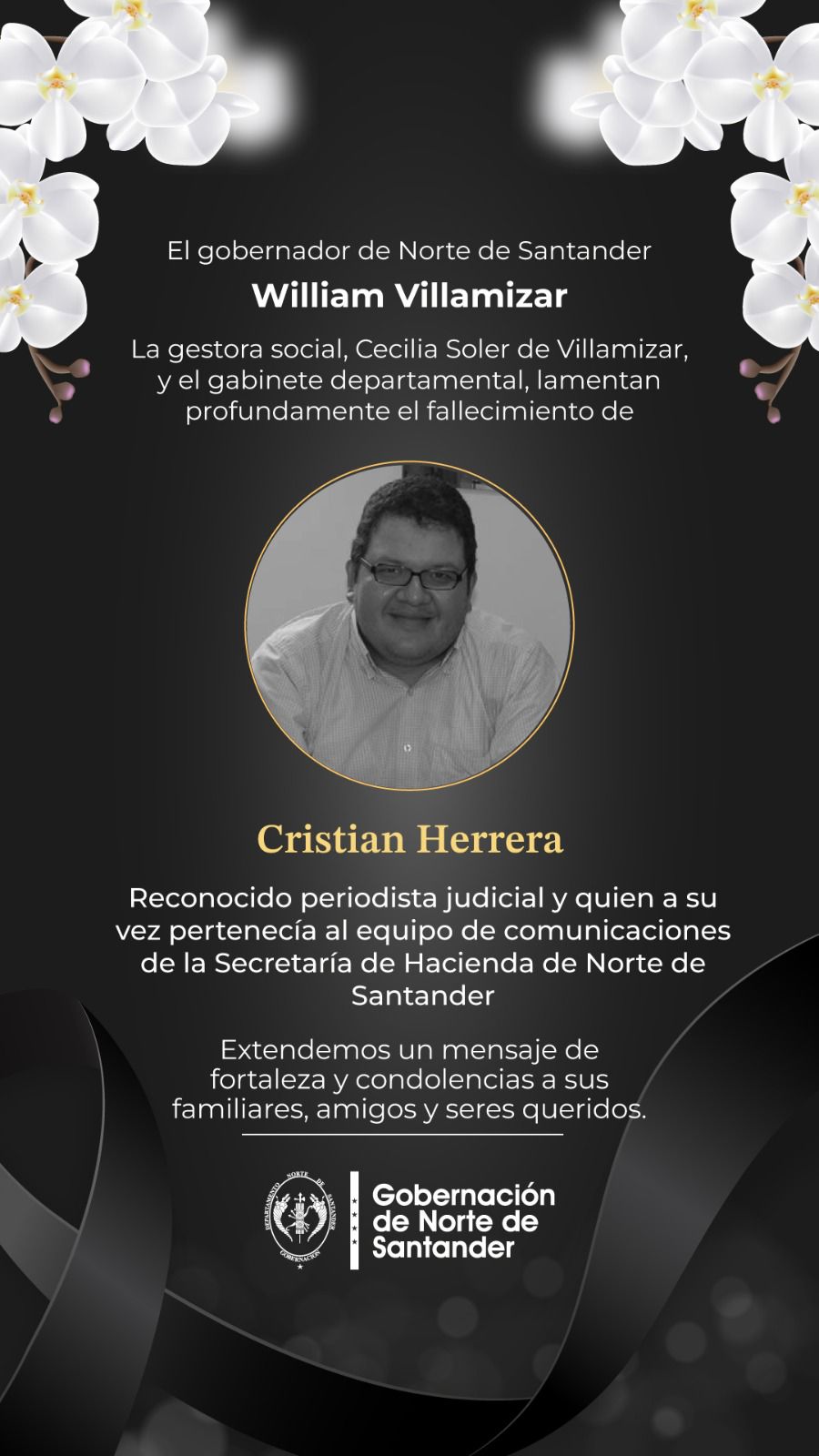 La Gobernación lamenta profundamente el asesinato del periodista Cristian Herrera