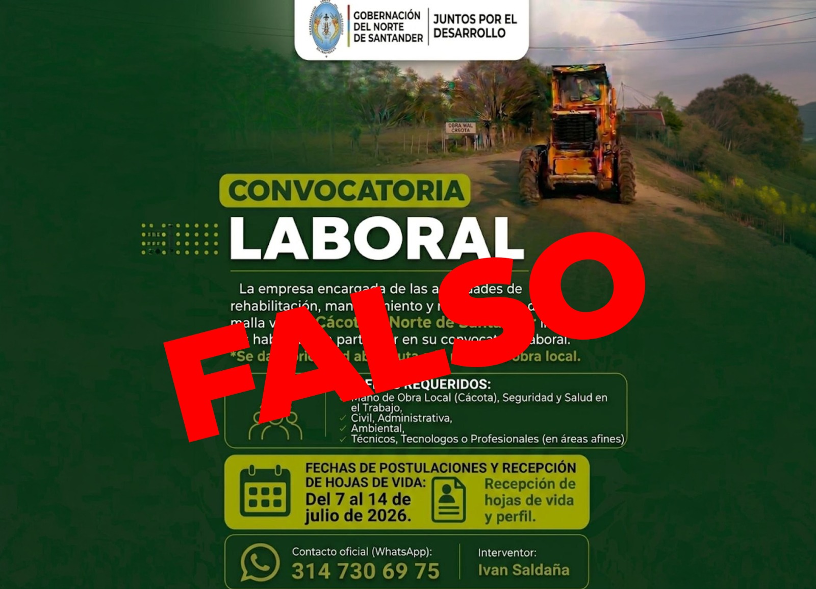 Gobernación alerta sobre falsa convocatoria laboral en Cácota